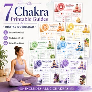 Puede incluir: Un conjunto de 7 guías imprimibles de chakras en tamaño A4. Cada guía presenta un símbolo de chakra específico, ilustraciones codificadas por colores, afirmaciones y prácticas de sanación. El texto incluye títulos para los chakras raíz, sacro, plexo solar, corazón, garganta, tercer ojo y corona.