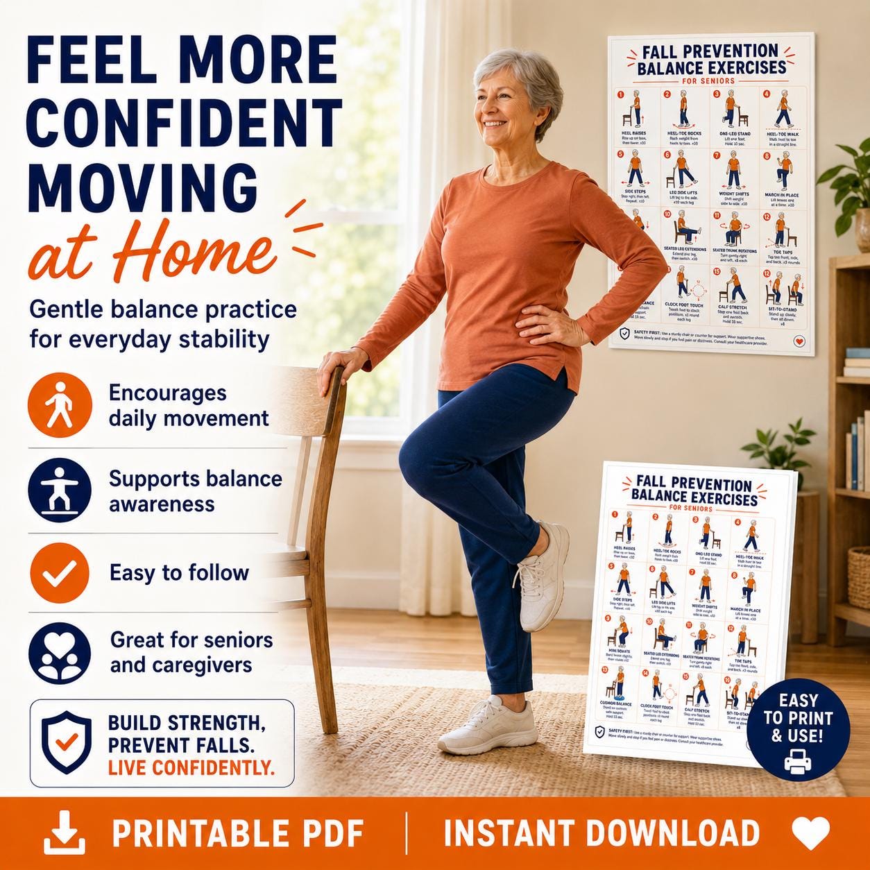 Fall Prevention Balance Exercises for Seniors Printable PDF | Chair ...