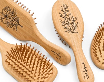 Natural Paddle Bamboo Hairbrush, Custom Hairbrush, Birthday Gift, Personalized Bridesmaids Gift, Wedding favor, Cushion Hairbrush