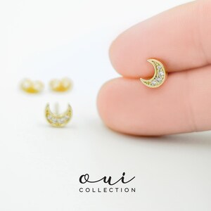 Crescent Moon Stud Earrings, Dainty Moon Stud Earrings, Tiny Half Moon Stud Earrings, Delicate Crescent Moon Studs, Second Hole Earrings