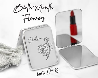 Birth Month Flower, Custom Engraved Mirror, Engrave Compact Mirror, Personalized Gift for Her, Custom Gift for Her, Engraved Pocket Mirror