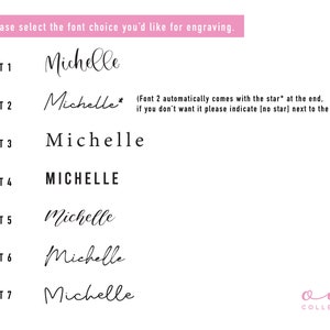 Puede incluir: Un fondo blanco muestra siete opciones de fuente para grabar, cada una mostrando el nombre "Michelle" en varios estilos. El texto "Please select the font choice you'd like for engraving" est&aacute; en la parte superior. El logotipo de Oui Collection est&aacute; en la esquina inferior derecha.