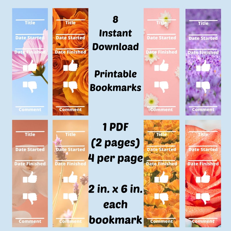 Book Review Bookmarks Printable, Set of 8 Floral Bookmarks, Instant