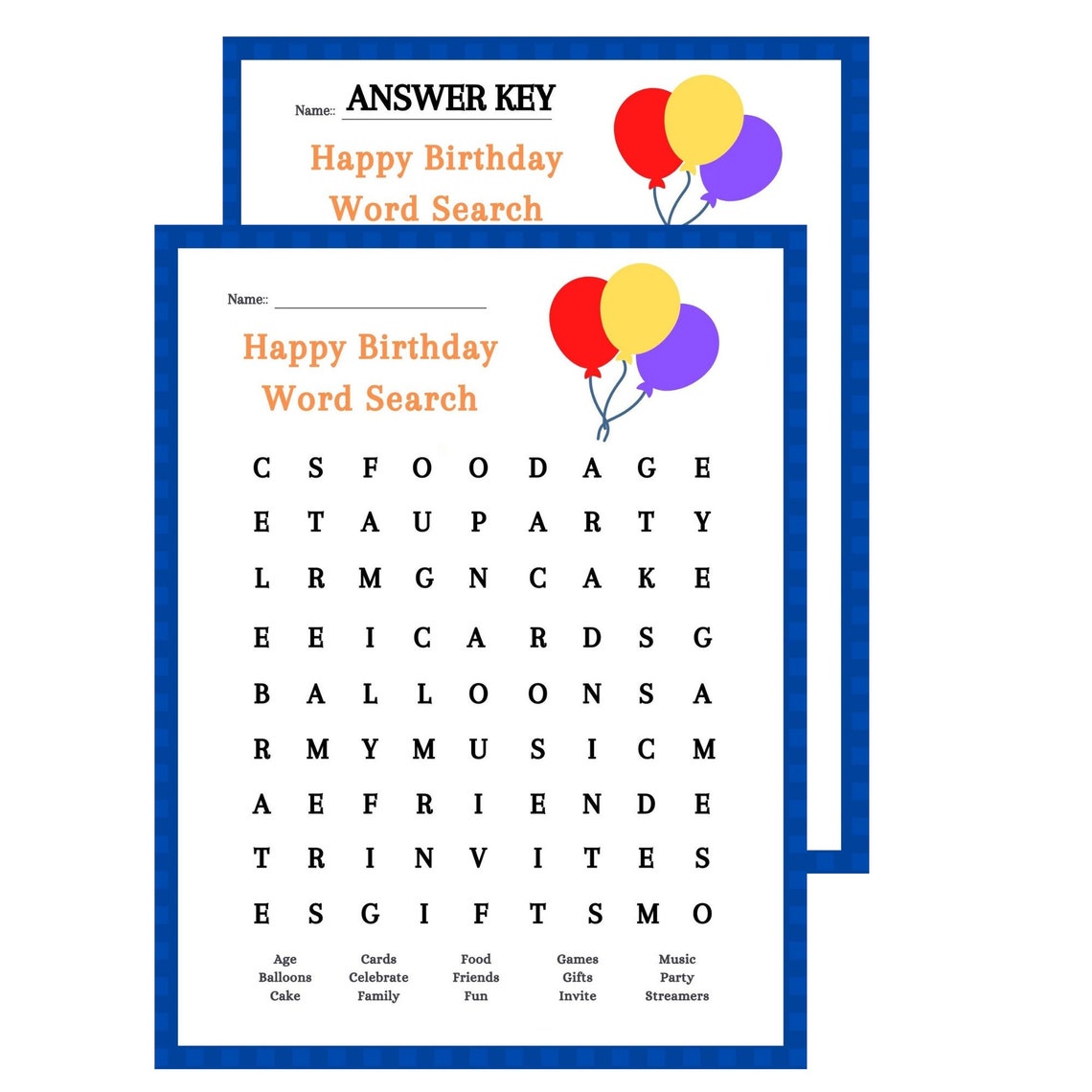Happy Birthday Word Search Printable Puzzle and Answer Key, Instant ...