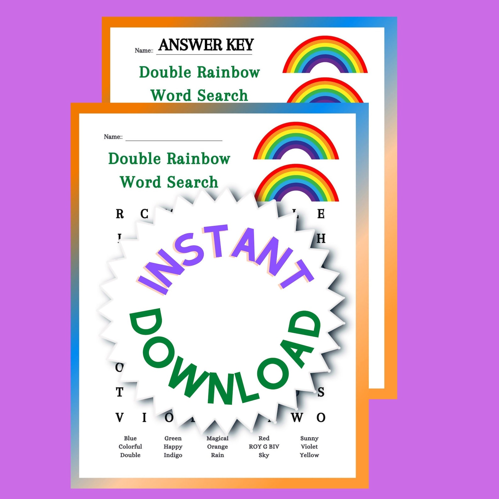 Printable Rainbow Word Search Puzzle and Answer Key Instant - Etsy India