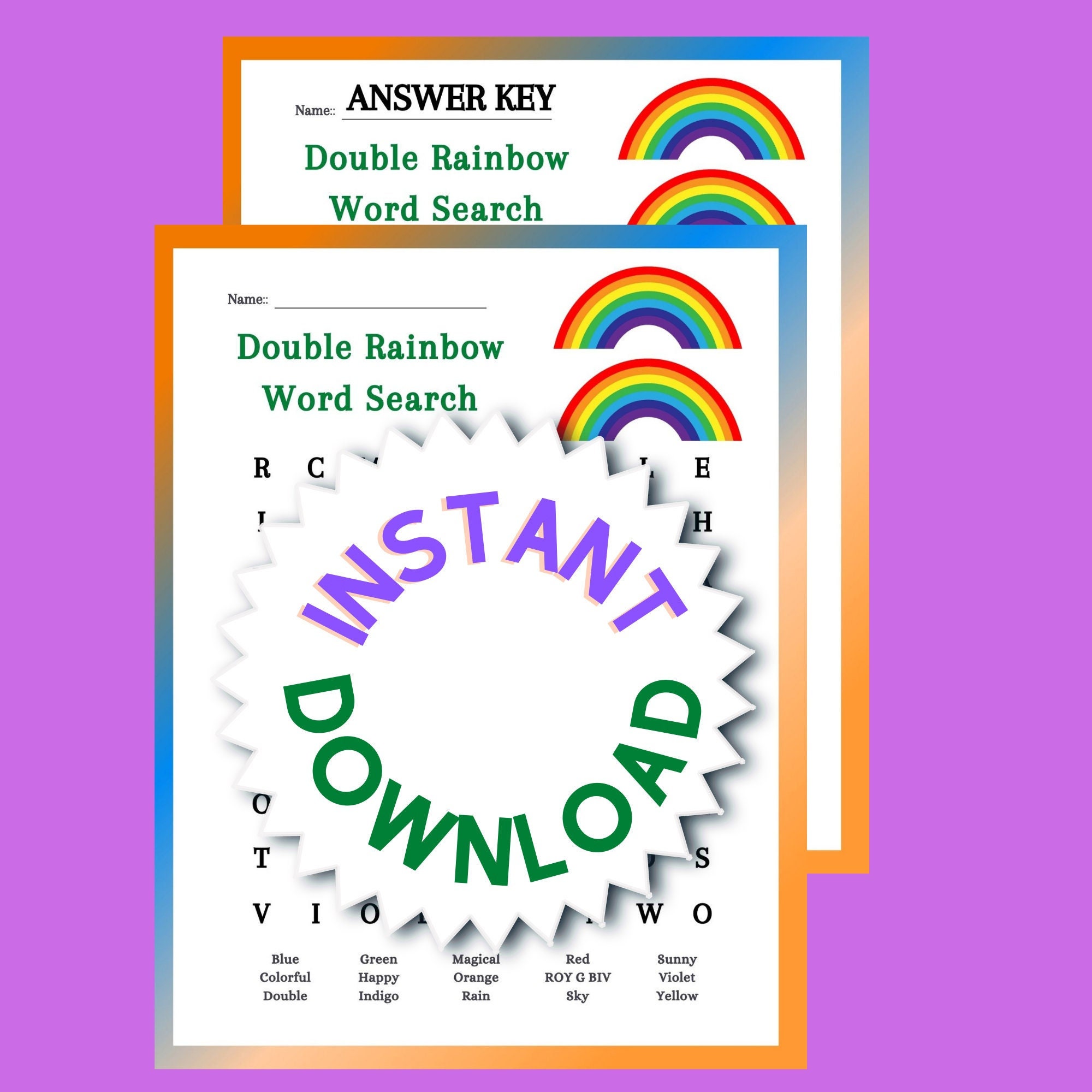 Rainbow Printable Word Search Puzzle and Answer Key, Instant Download ...