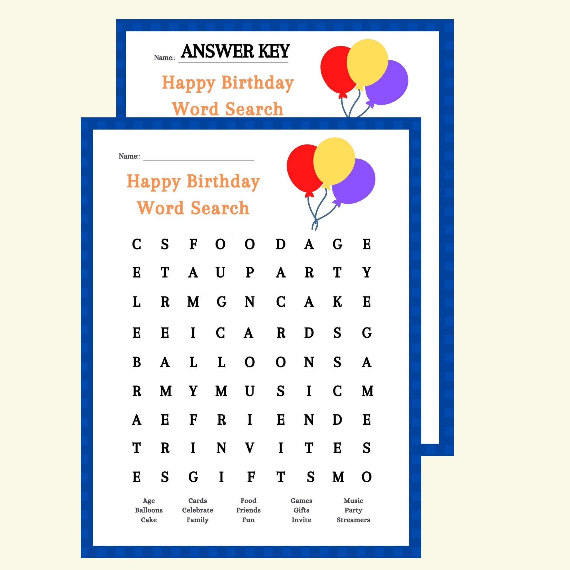 printable happy birthday word search puzzle and answer key etsy