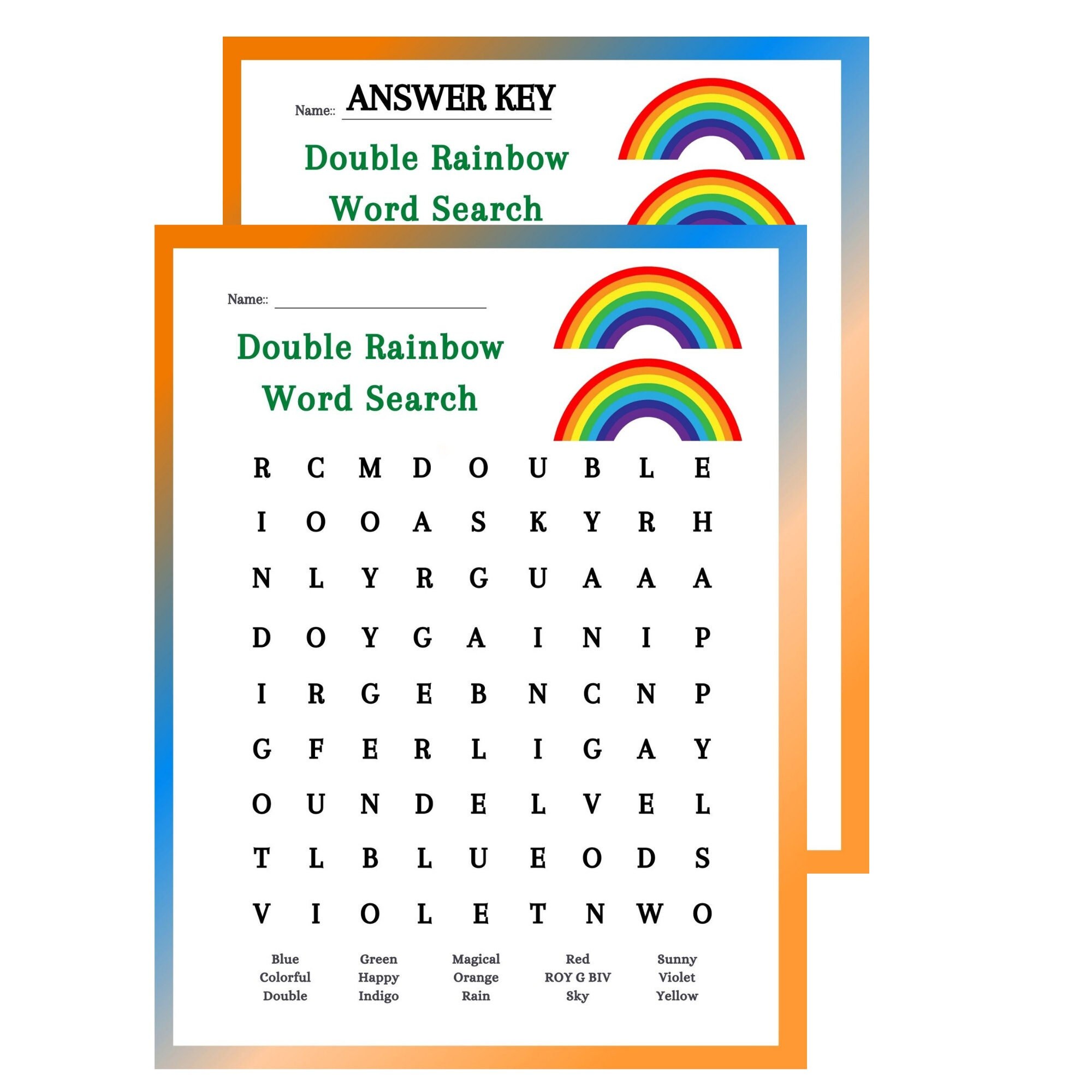 printable rainbow word search puzzle and answer key instant etsy