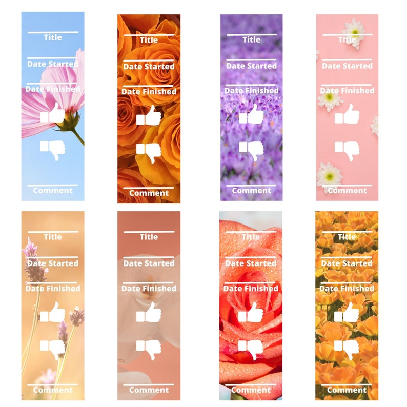 Book Review Bookmarks Printable, Set of 8 Floral Bookmarks, Instant Download Print at Home