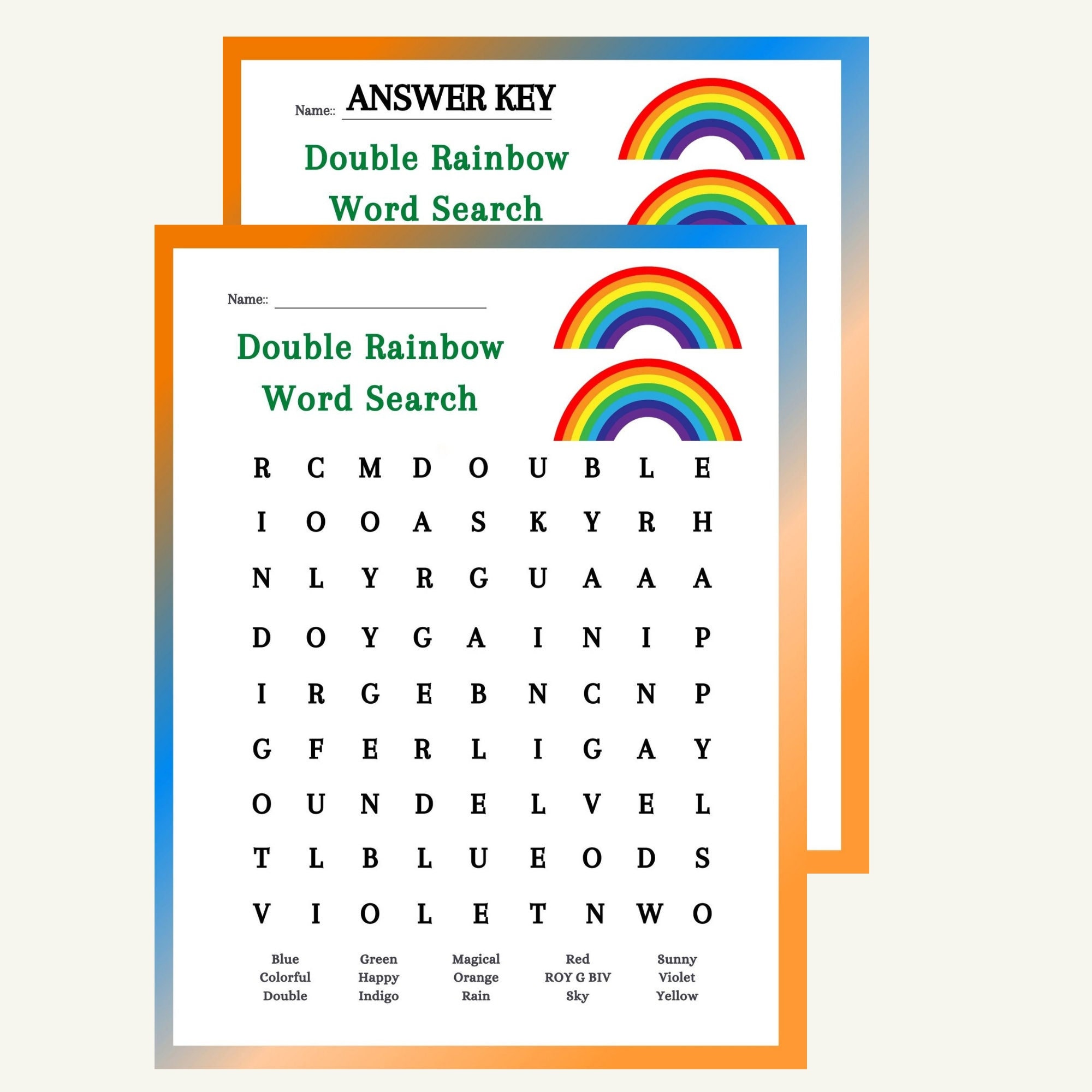 printable rainbow word search puzzle and answer key instant etsy