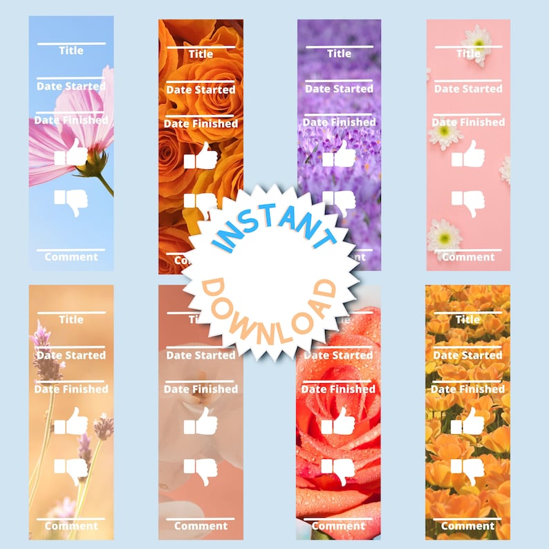 Book Review Bookmarks Printable, Set of 8 Floral Bookmarks, Instant Download Print at Home