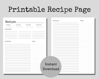 Blank Recipe Page / Recipe Card / Recipe Template / Typewriter style