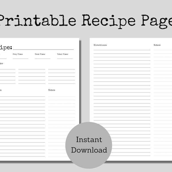 Blank Recipe Page / Recipe Card / Recipe Template / Typewriter style