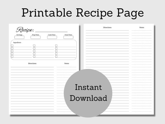 Blank Recipe Page / Recipe Card / Recipe Template