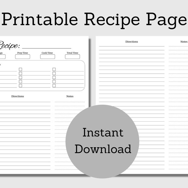 Blank Recipe Page / Recipe Card / Recipe Template