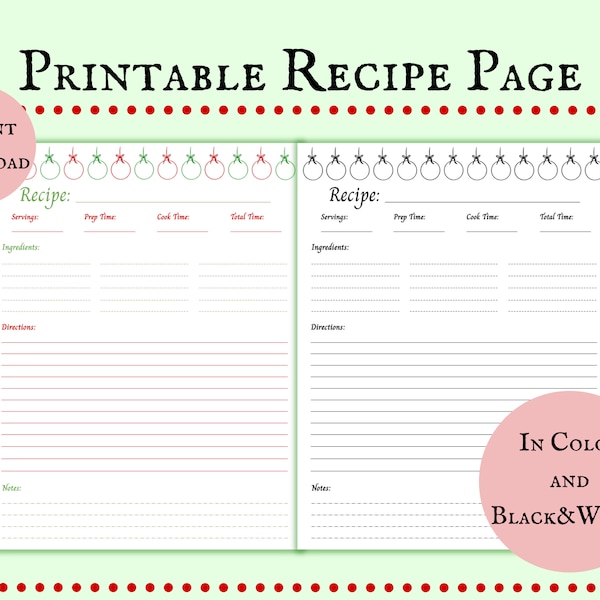 Printable Christmas Recipe Page, Blank Christmas-Themed Recipe Template, Ornaments Recipe Card