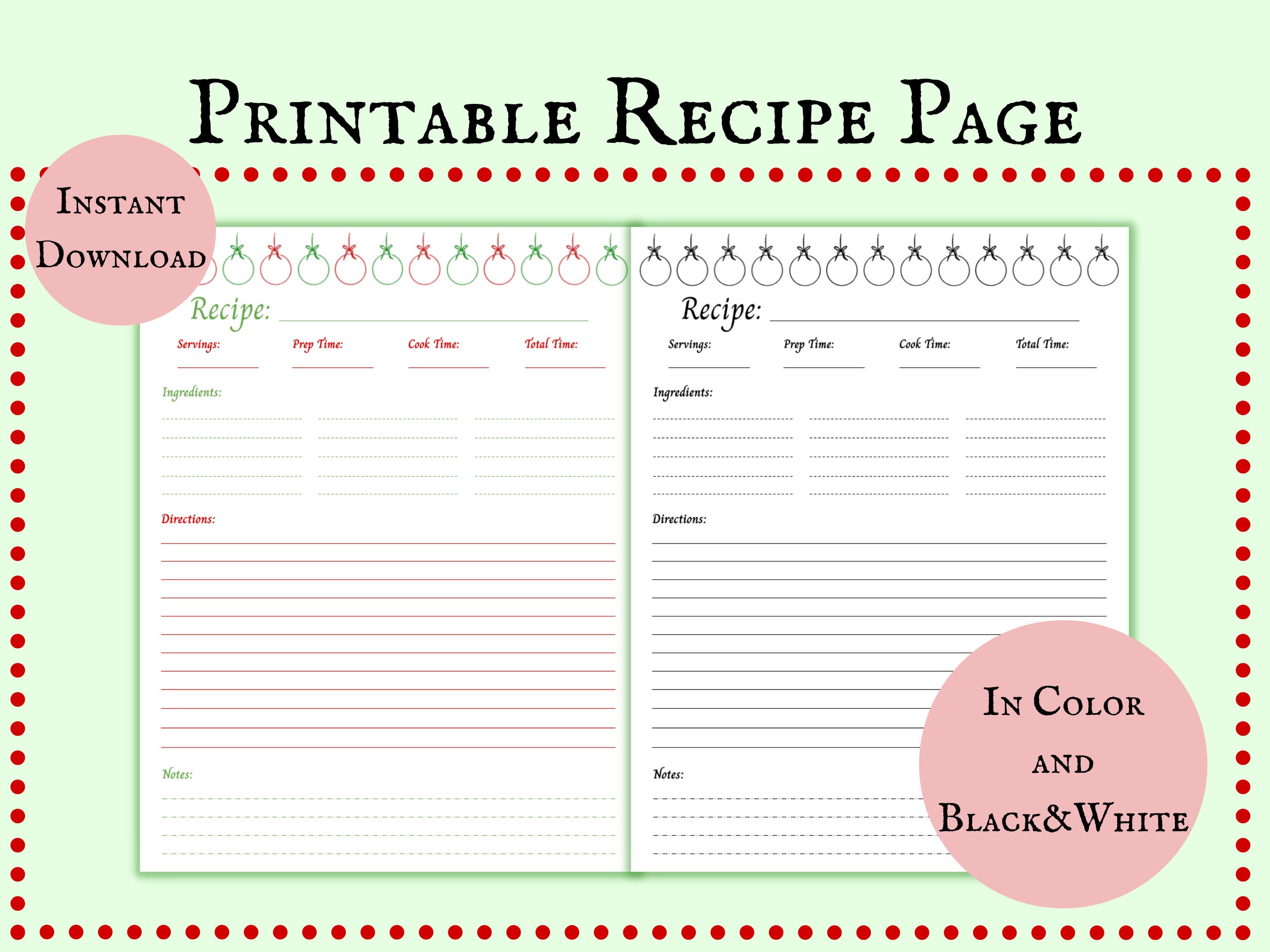 Printable Christmas Recipe Page Blank Christmas-themed Recipe - Etsy