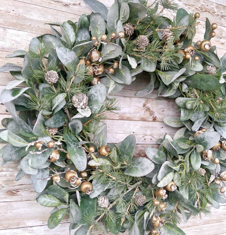 Christmas Lambs Ear Wreath With Berries, Winter Farmhouse Wreath for