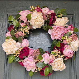 Pink and Burgundy Wreath for Front Door, Summer Entryway Decor, Summer Wedding Wreath, Romantic Floral Wreath, Peony Wreath for Front Porch