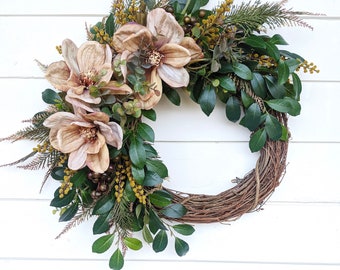 Rustic Fall Wreath, Fall Wreath for Front Door, Fall Magnolia Wreath, Fall Wall Decor, Gift for New Homeowners, Elegant Fall Wreath