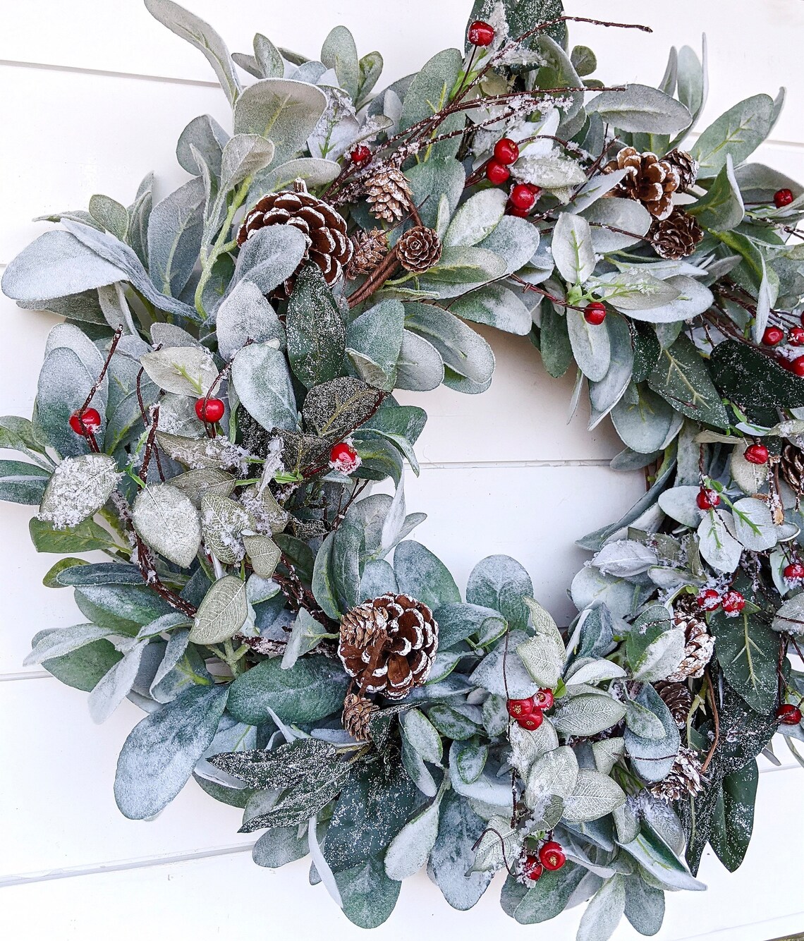Skrantun 20 Inch Artificial Christmas Wreath With Lambs Ear Leaves, Artificial Snow And Red Berries, Pine Needles For Home Wall Window