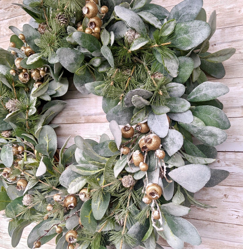Christmas Lambs Ear Wreath With Berries, Winter Farmhouse Wreath for