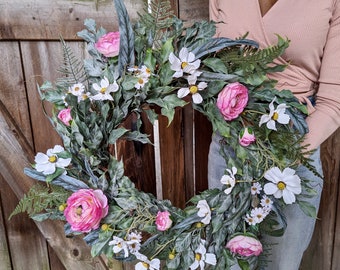 Spring Wreath For Front Door, Floral Decor for Nursery Wall, Gift for New Home Owner, Gift for Newlywed’s, Eucalyptus Spring Wreath