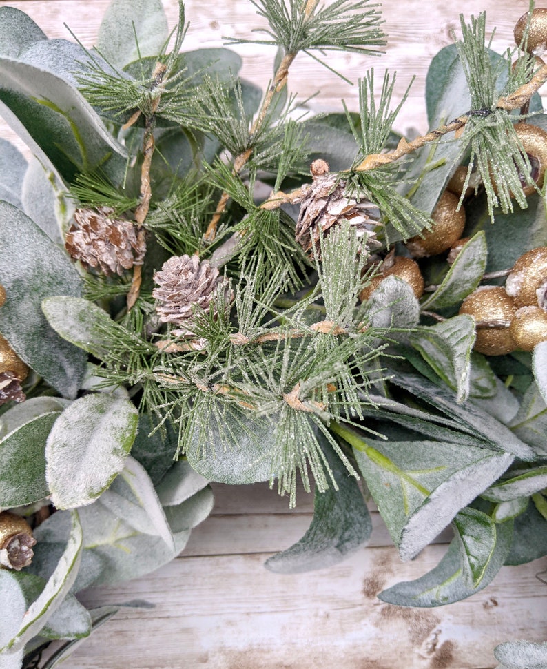 Christmas Lambs Ear Wreath With Berries, Winter Farmhouse Wreath for
