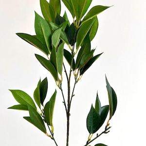 May include: A close-up of a faux plant stem with multiple green leaves. The leaves have a pointed shape and are a vibrant green color with subtle red veins. The stem is brown and has small buds.