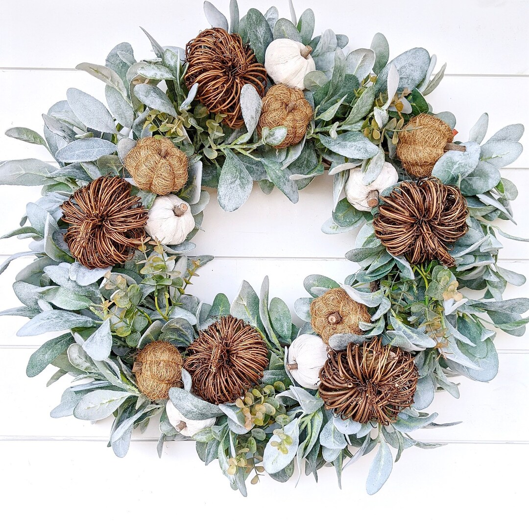 Fall Lamb’s Ear Wreath for Front Door, Pumpkin Wreath, Neutral Fall ...