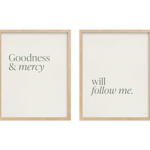 Goodness & Mercy Will Follow Me Modern Wall Art Print Set of 2, Digital download Prints, Boho Wall art, Green and White Minimal Art