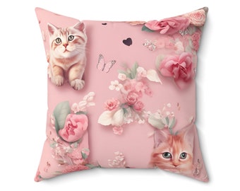 Delightful and Girly Decorative Pillow | Pink Background, Flowers, Bows, Kittens | Playful and Feminine Design | Great Gift for Cat Lovers
