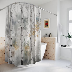 Rideau de douche en tremble blanc, décoration de salle de bain en forêt, accessoire de douche de luxe résistant à l&#39;eau, rideau de paysage naturel