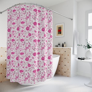 Hot Pink Floral Shower Curtain Toile Cottagecore French Farmhouse Bath Decor Boho Shower Curtain Victorian Bathroom Decor