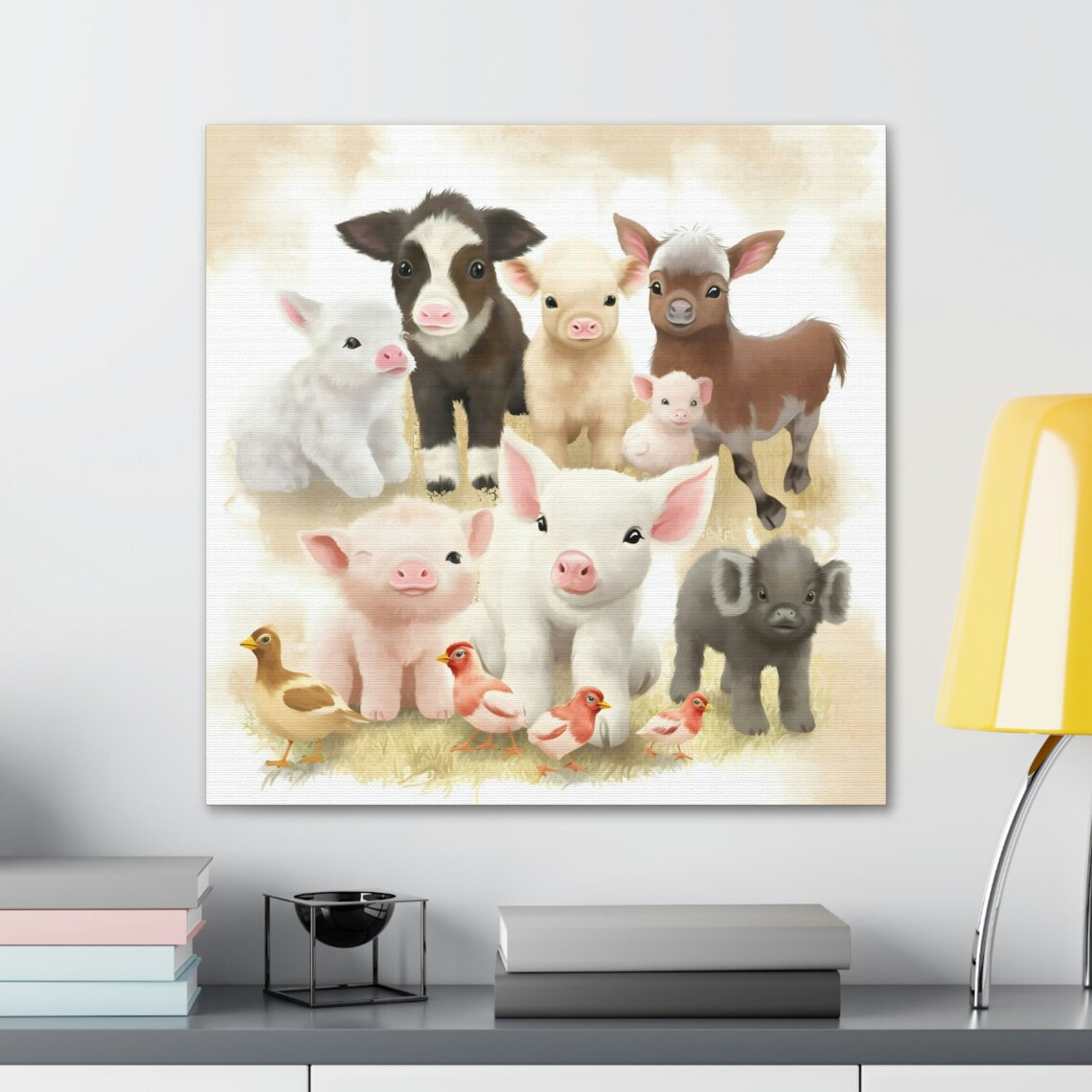 Adorable Baby Farm Animals Wall Art in Animated Style Baby Pig, Cow, Chick, Horse, and Barn