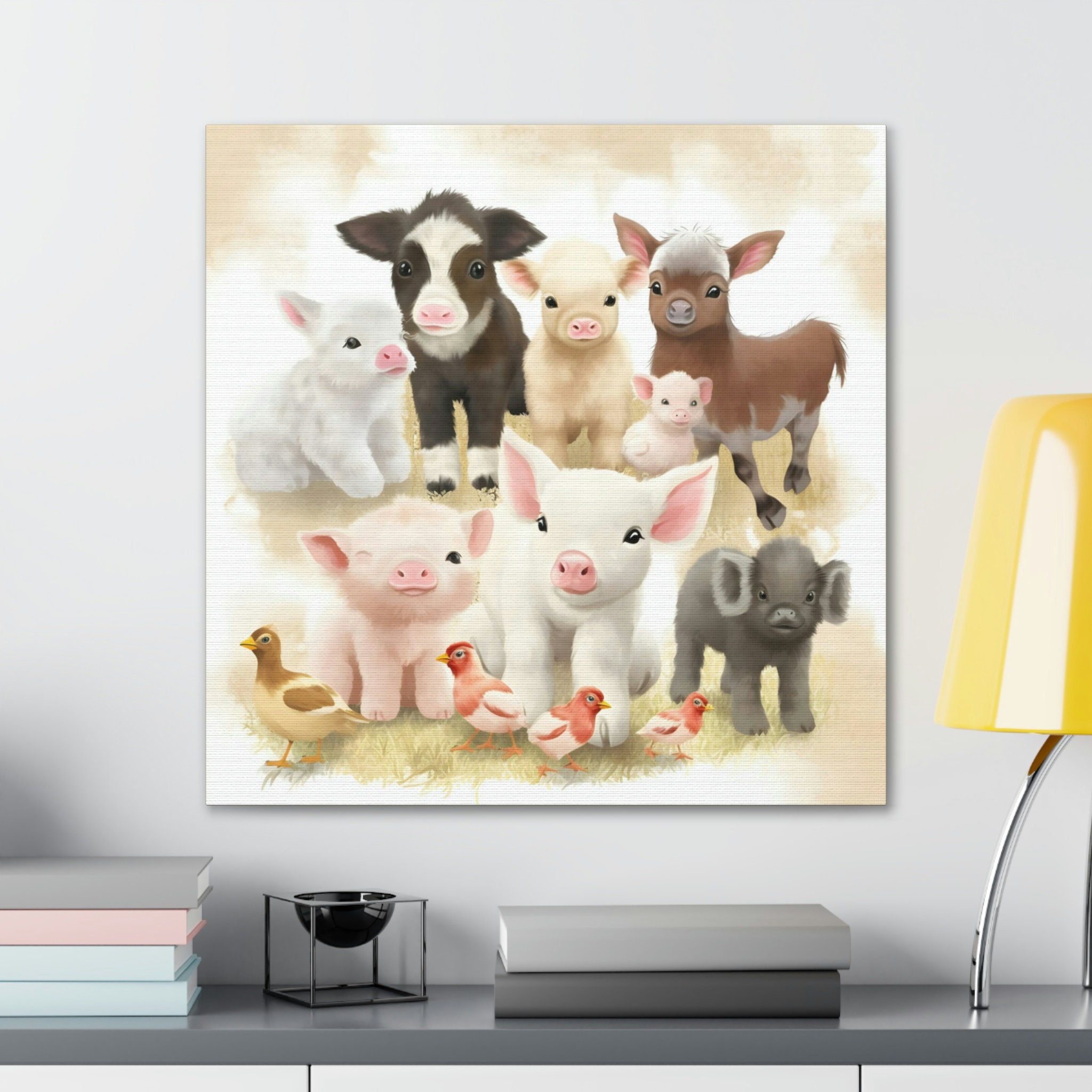 Adorable Baby Farm Animals Wall Art in Animated Style Baby Pig, Cow