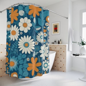 Blue Daisy Flower Shower Curtain Funky 60s 70s Floral Botanical Retro Vintage Inspired Bathroom Style Colorful Boho Eclectic Decor