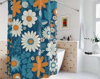 Daisy Flower Shower Curtain - Farmhouse Retro Floral Bathroom Decor With Wooden Background