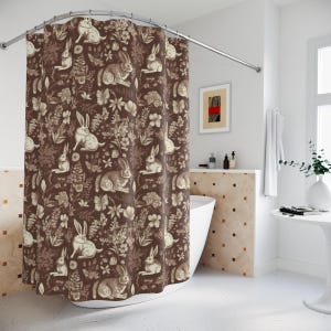 Rabbit Shower Curtain Natural Toile Farmhouse Cottagecore Shower Curtain Botanical Shower Curtain Forest Floral Spring Bath Decor