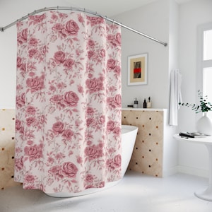 Pink Toile Shower Curtain Rose Floral Shower Curtain Shabby Chic Toile de Jouy Pink Bath Decor Victorian Bathroom Decor