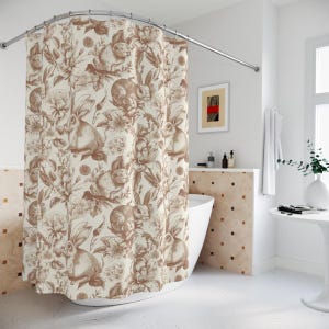 Rabbit Shower Curtain Natural Toile Farmhouse Cottagecore Brown Shower Curtain Botanical Shower Curtain Forest Floral Spring Bath Decor