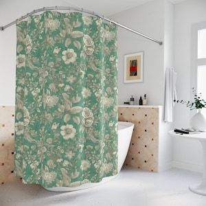 Botanical Shower Curtain Green Floral Shower Curtain Victorian Bath Decor Cottagecore Toile Decorative Vintage Bathroom Decor