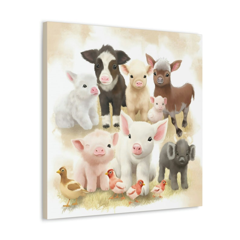 Adorable Baby Farm Animals Wall Art in Animated Style Baby Pig, Cow, Chick, Horse, and Barn