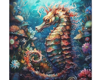 Majestic Seahorse in a Picturesque Underwater World of Diverse Sea Life - Wall Art