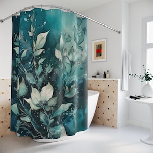 Teal Shower Curtain Botanical Shower Curtain Fabric Boho Shower Curtain Floral Teal Green Blue Beige Leaves Modern Home Apartment Decor