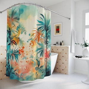 Tropical Shower Curtain Bathroom Decor Housewarming Gift Minimalist Pattern Modern Design Floral Pattern Tropical Colors Nature Inspired