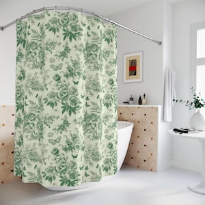 Floral Shower Curtain Green Toile Decor Chinoiserie Cottagecore Bathroom Victorian Bathroom Decor Farmhouse Bath Decor Whimsical