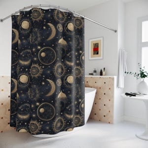 Mystical Moon Phase Shower Curtain Celestial Navy & Gold Astrology Decor