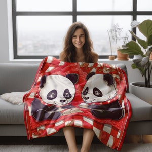 Cute Panda Bear Blanket With Red Checkered Background Sherpa Fleece Blanket Gift For Child Cute Gift Animal Themed Gift For Girls