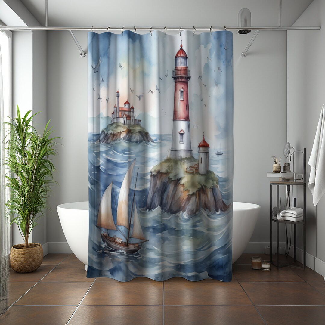 Lighthouse Shower Curtains Lighthouse Gift Ocean Decor Sea Etsy